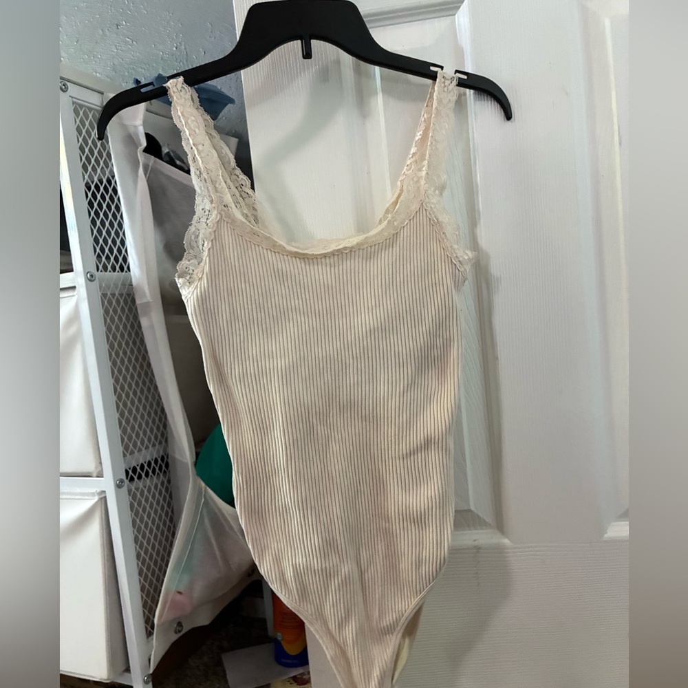 Cream Lace-Trimmed Bodysuit